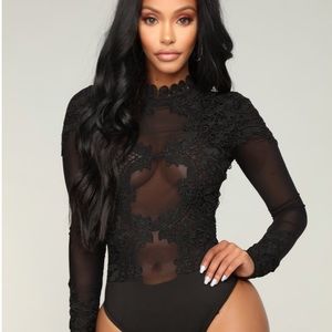Black Embroidered Mesh High Neck Bodysuit